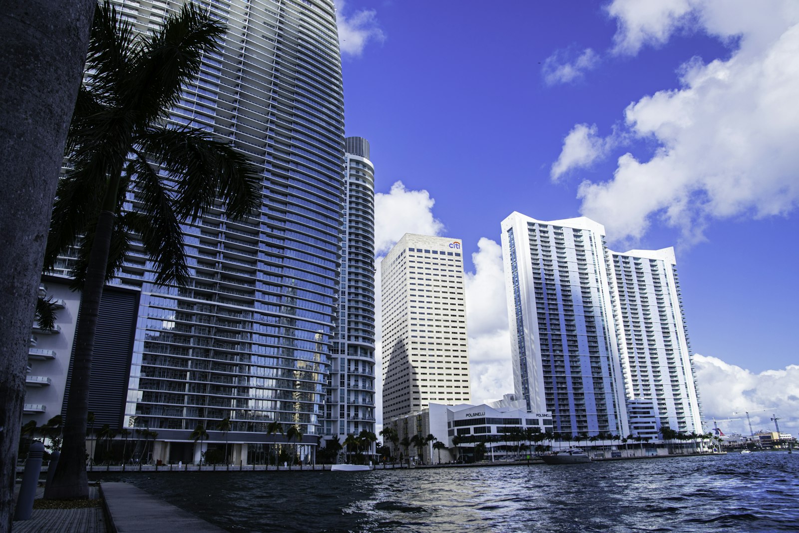 Miami's downtown skyline viewed from the water on a sunny day